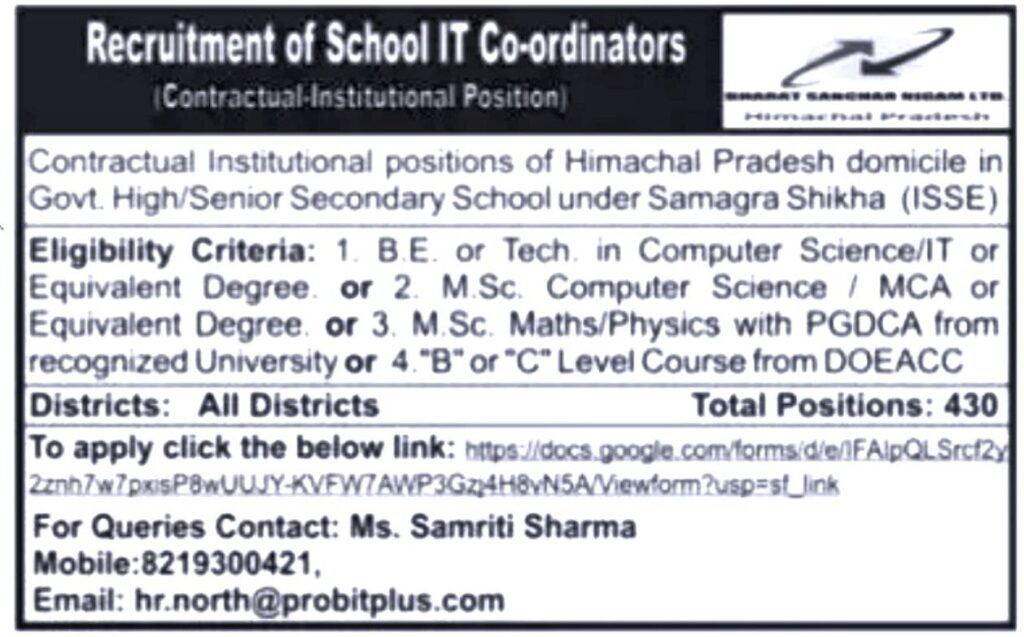 HP Govt School IT Co-ordinators Recruitment 2023